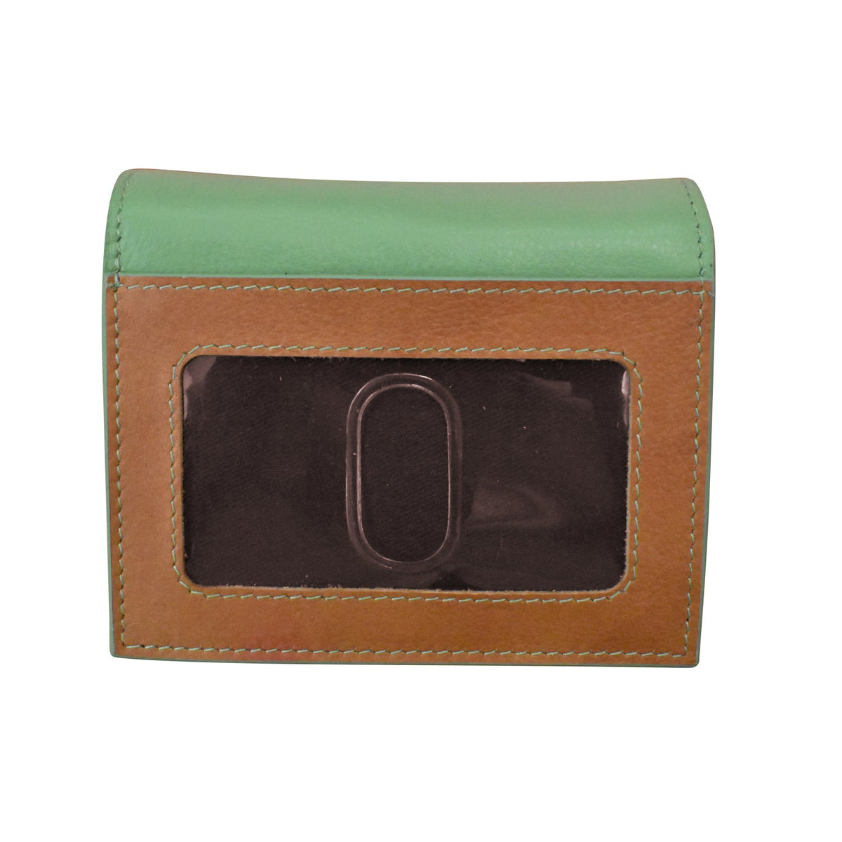 Two-tone leather cardholder with a green top section and brown bottom section on a white background.
