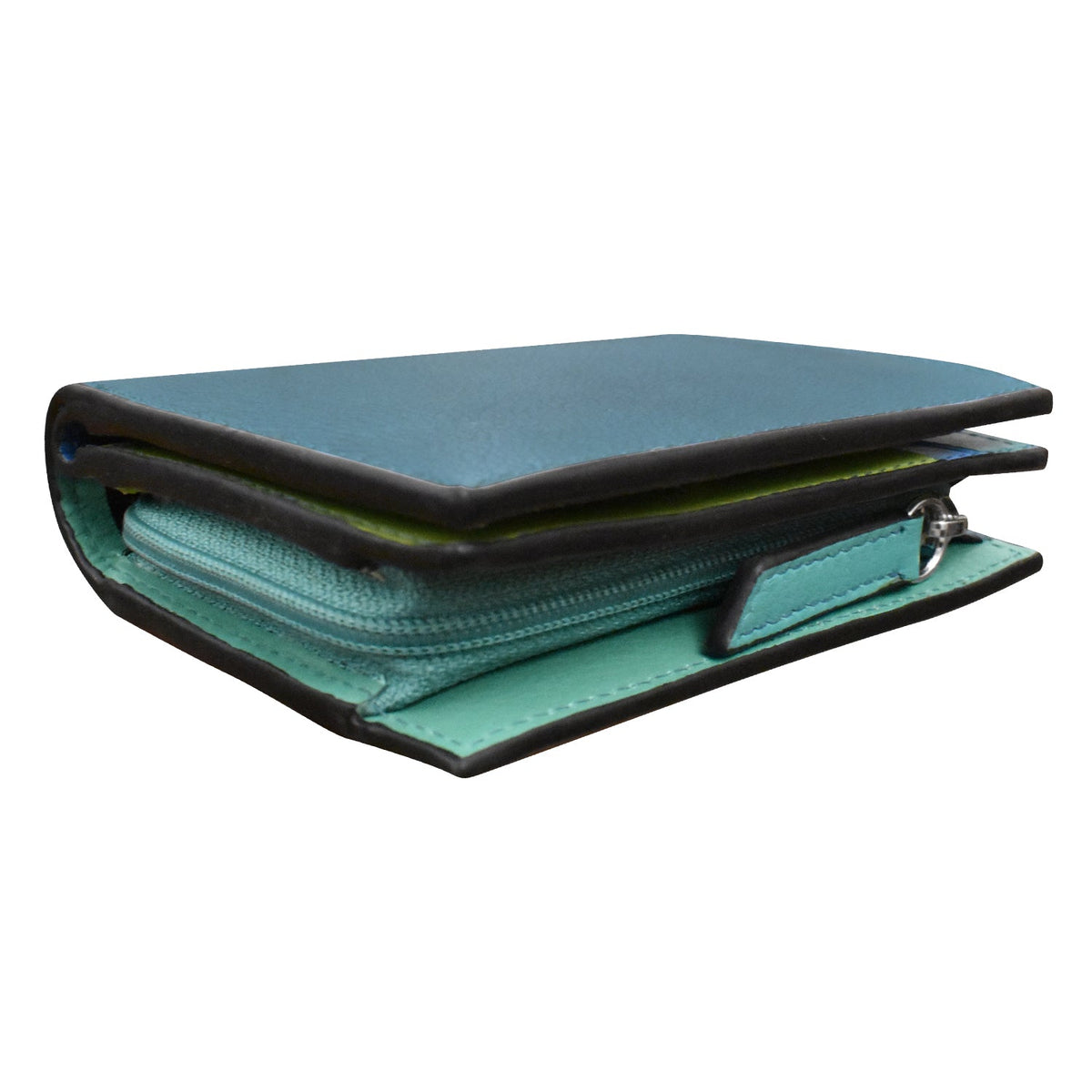 Teal and black wallet on a white background