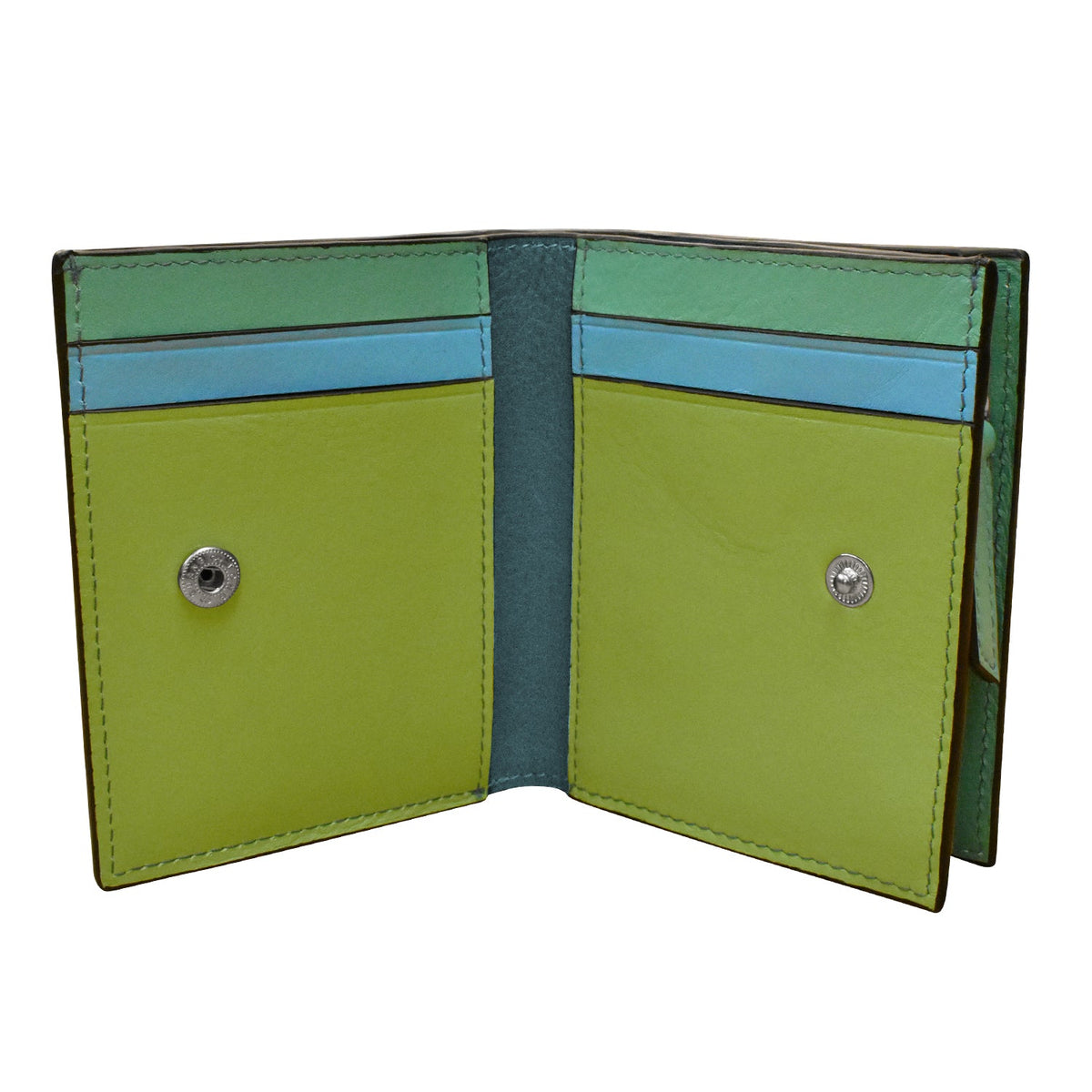 Green and blue wallet on a white background