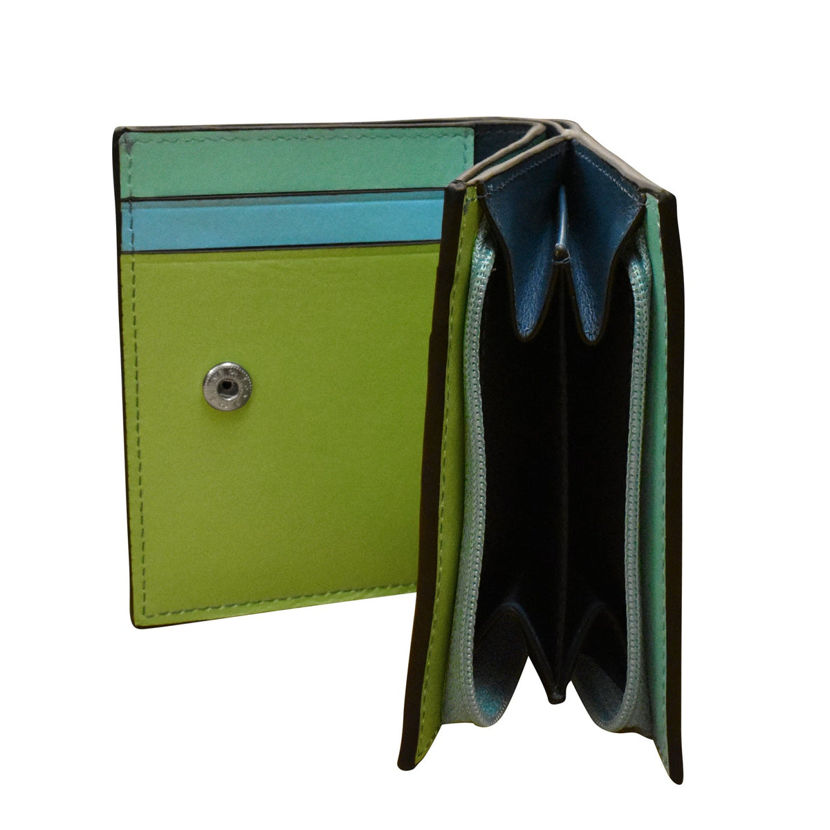 Green and blue wallet on a white background