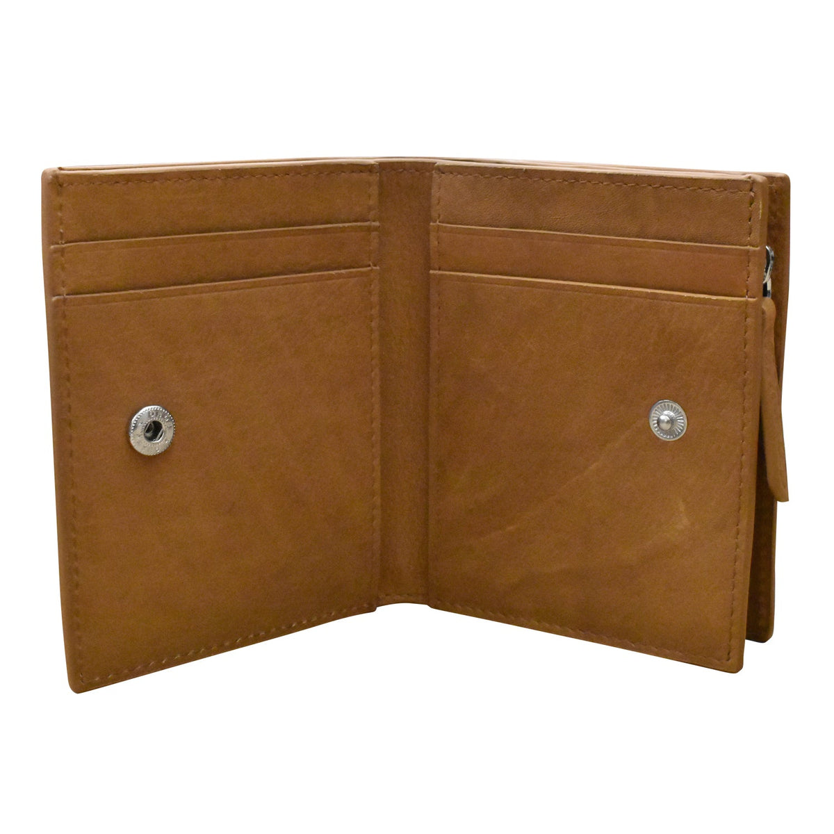 Brown leather wallet open on a white background