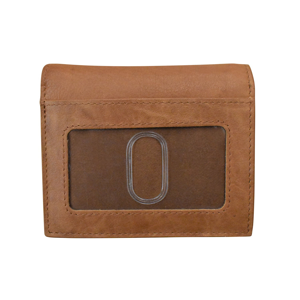 Brown leather wallet with a clear card holder on a white background