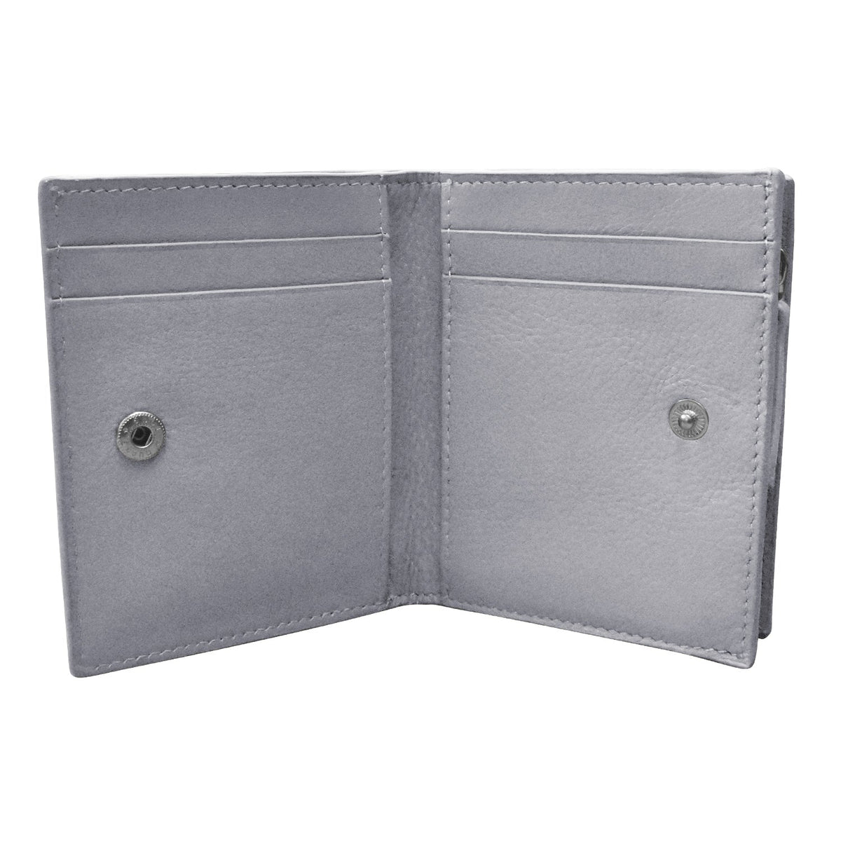 Open gray leather wallet on a white background