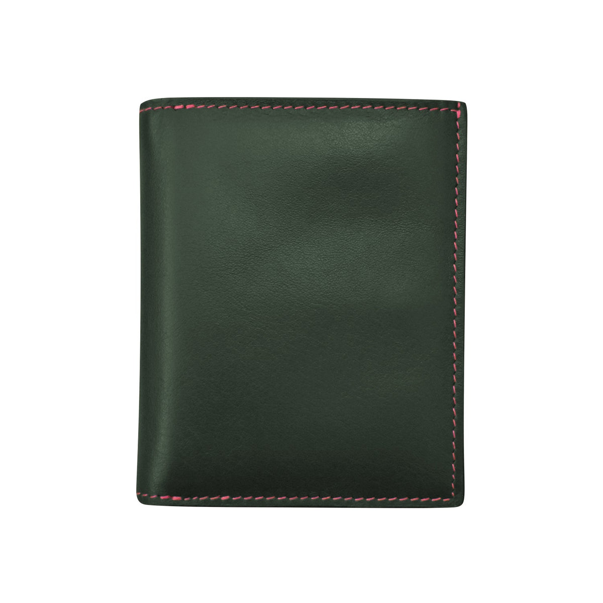 Green leather wallet with pink stitching on a white background