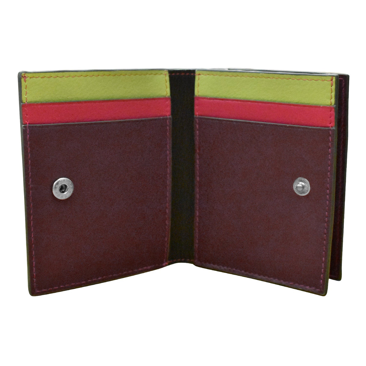 Open wallet with green, red, and brown sections on a white background