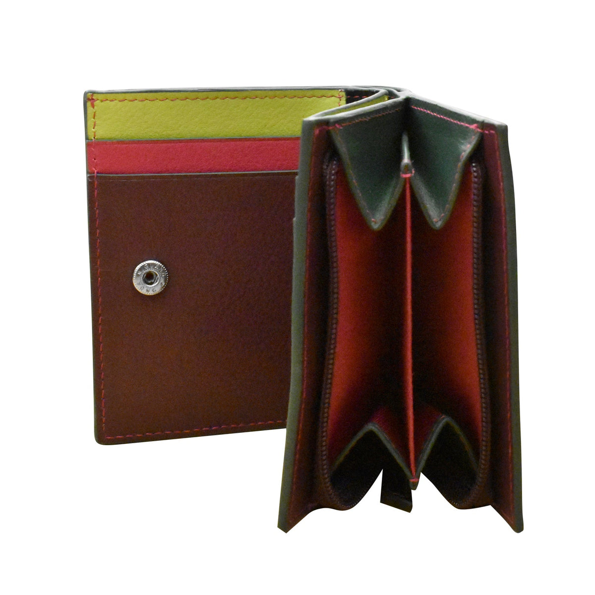 Brown leather wallet with green interior on a white background