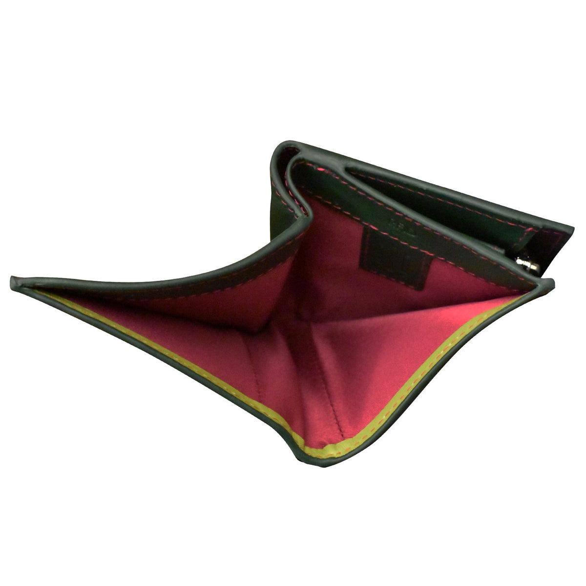 Black leather wallet with red interior on a white background