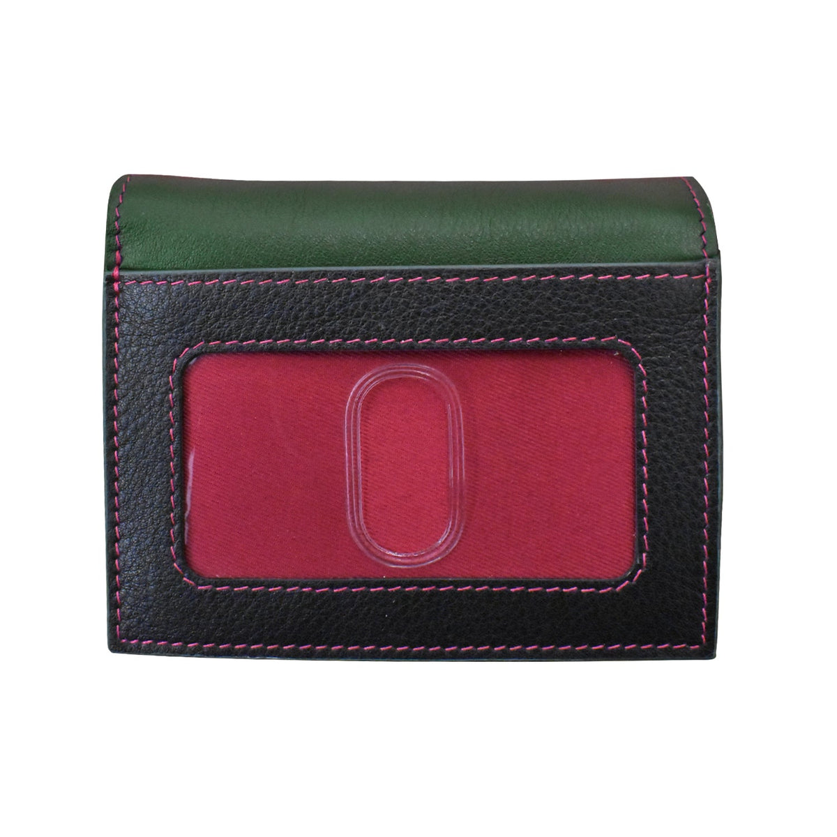 Green and black leather wallet with a red card holder on a white background