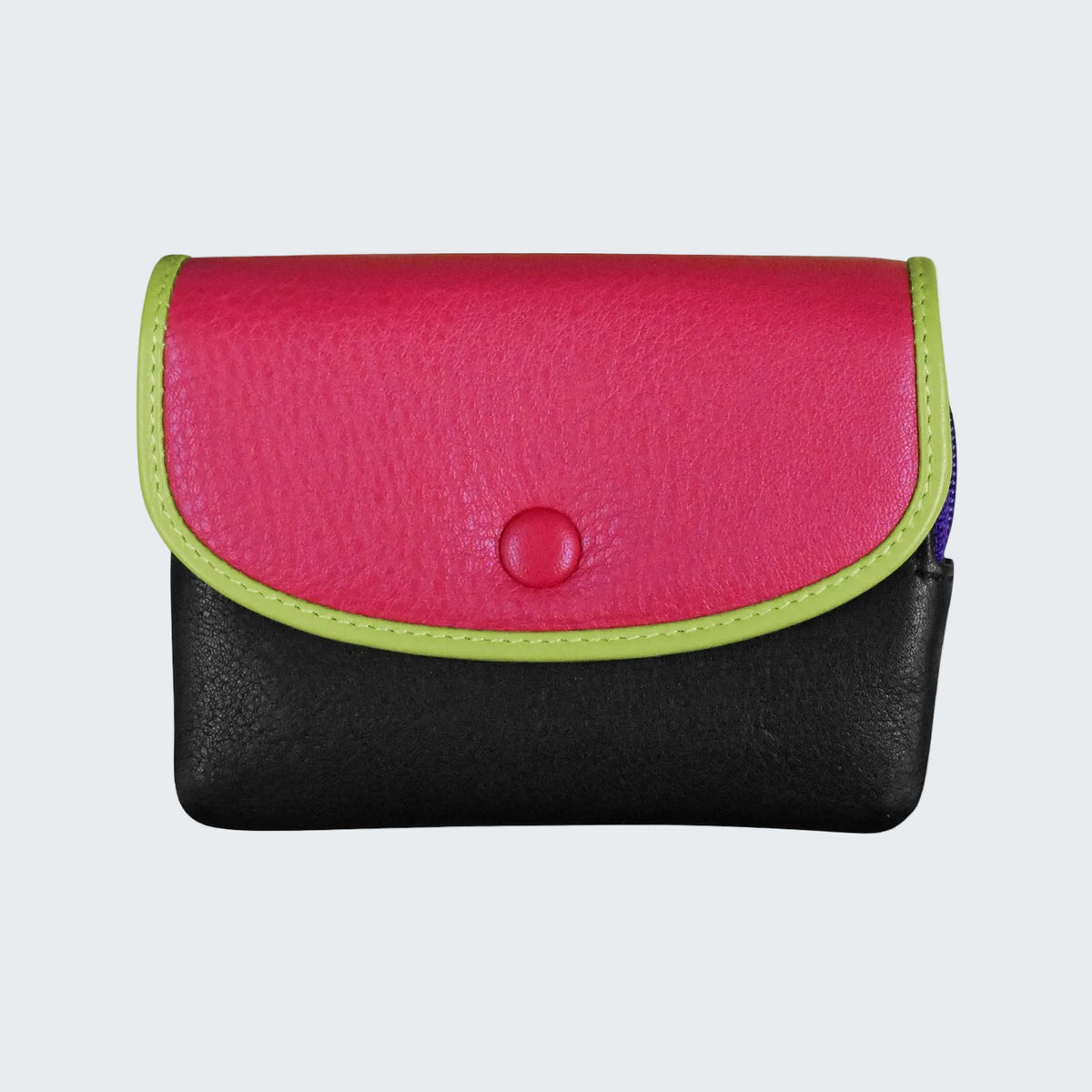 Two-tone pink and black wallet with a button on a white background