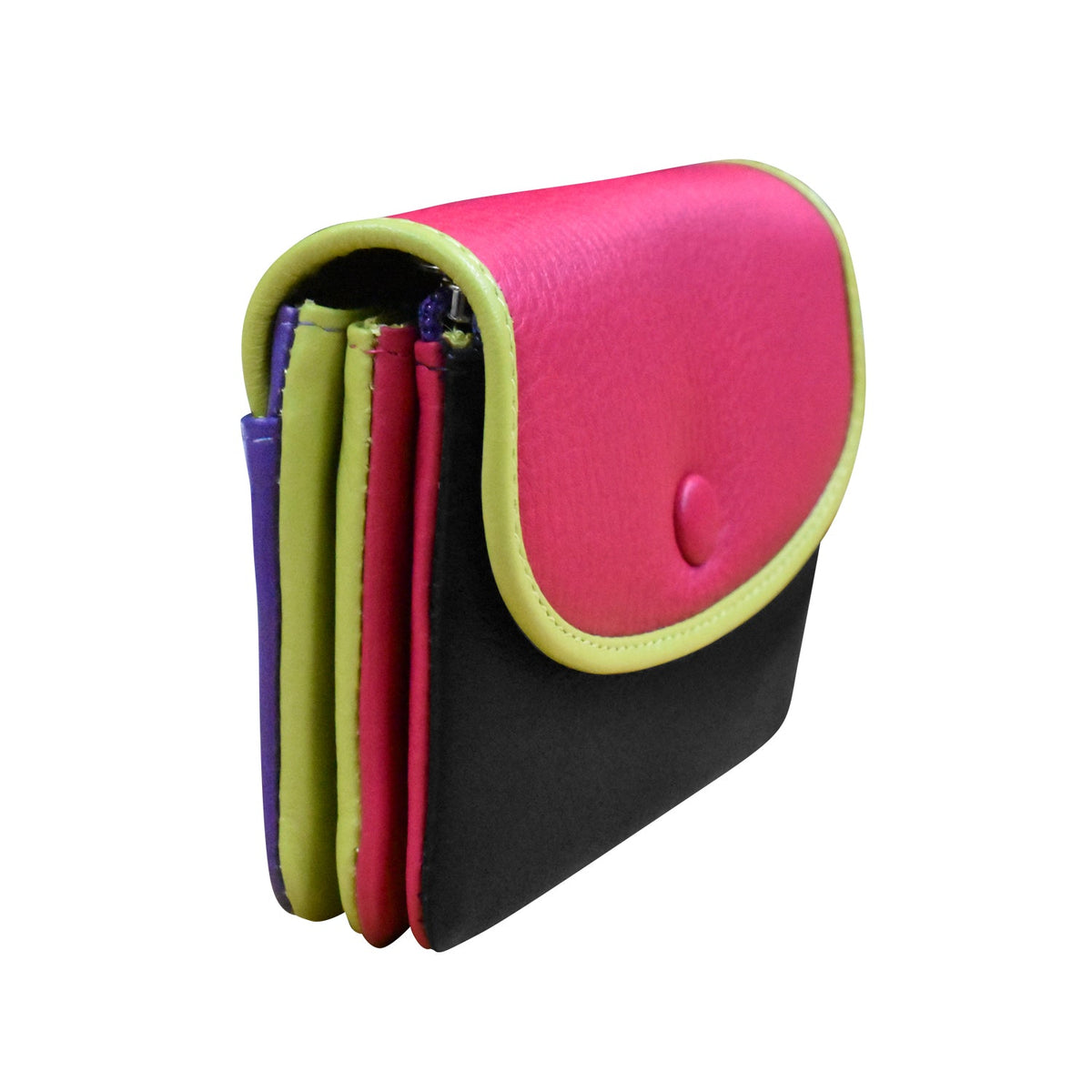 Colorful leather wallet with pink flap on a white background