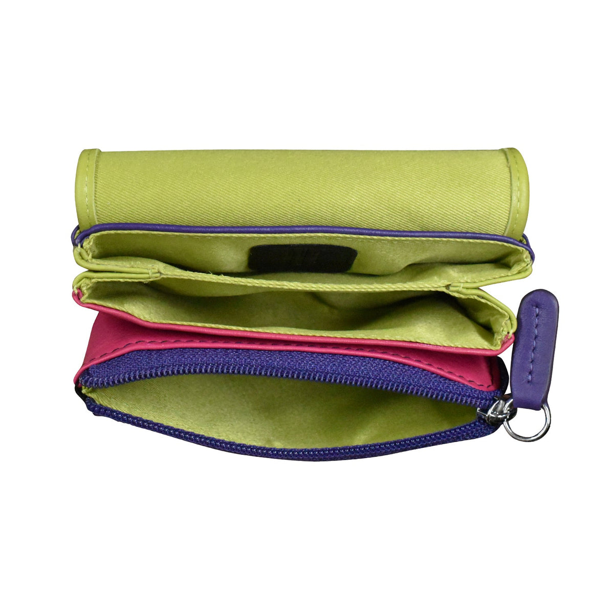 Green and pink pouch with a zipper on a white background