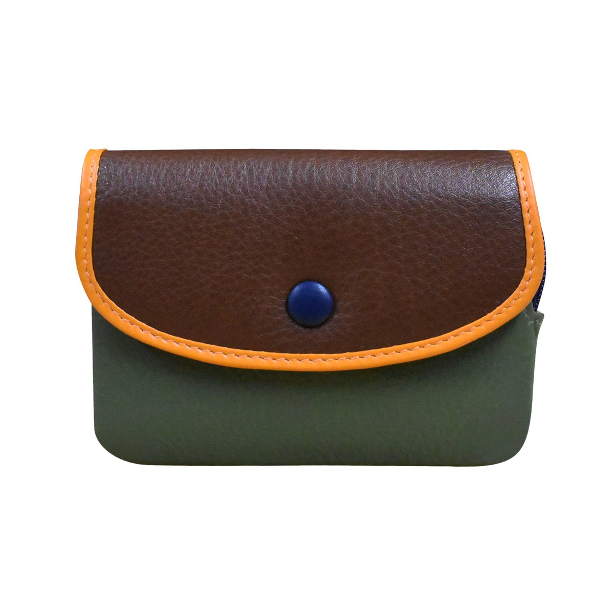 Small pouch with brown top flap and green body on a white background