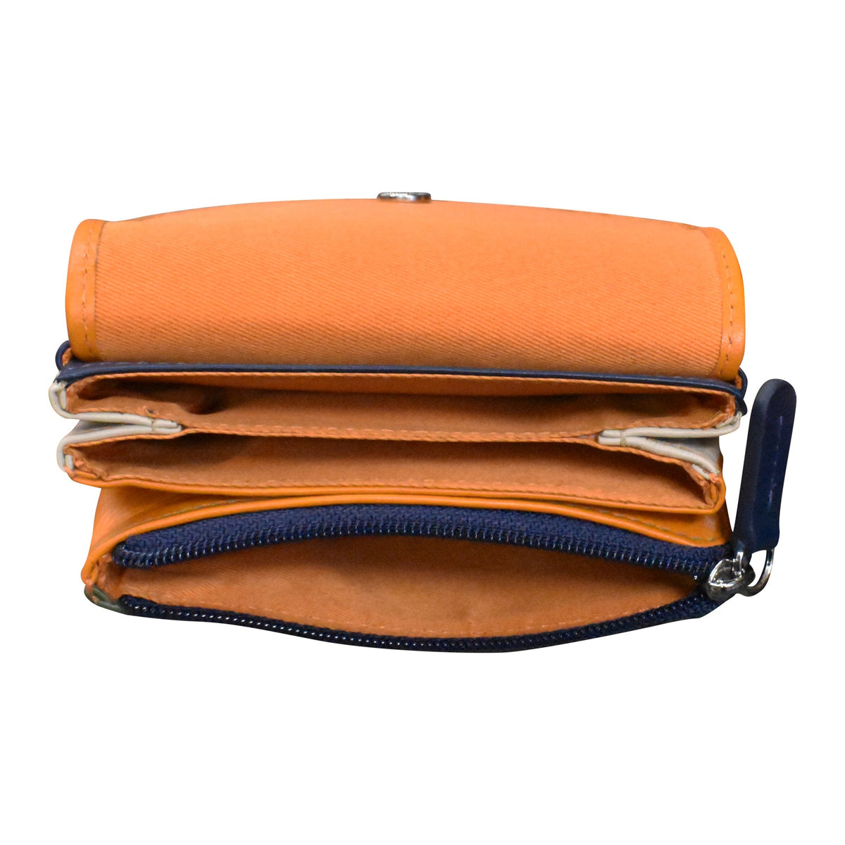 Orange clutch bag with blue zipper on a white background