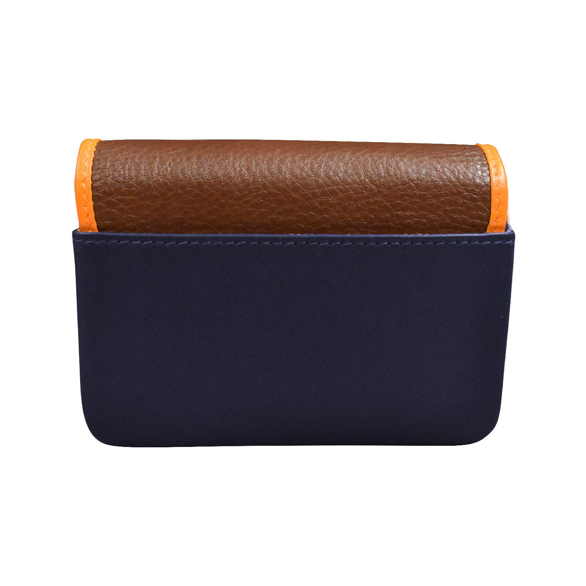 Navy blue pouch with brown top section on a white background