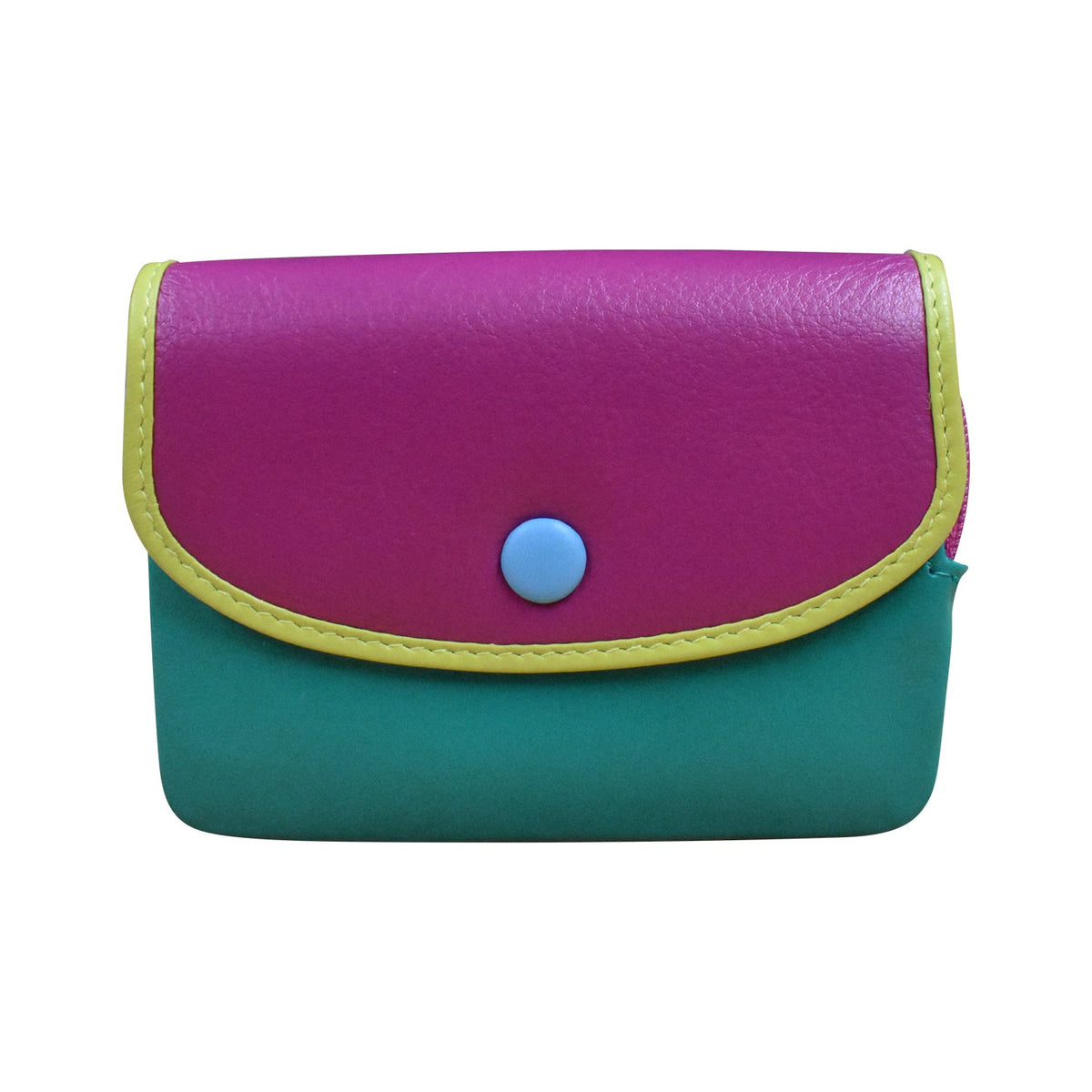 A small color-blocked leather pouch with a magenta top flap, teal body, lime green trim, and a light blue snap button, shown on a plain white background.