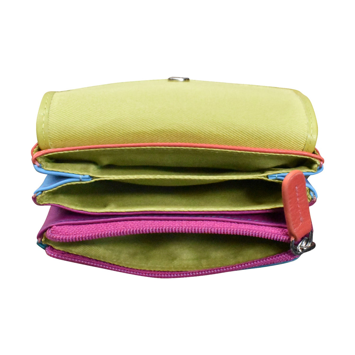 Stack of colorful pouches with zippers on a white background
