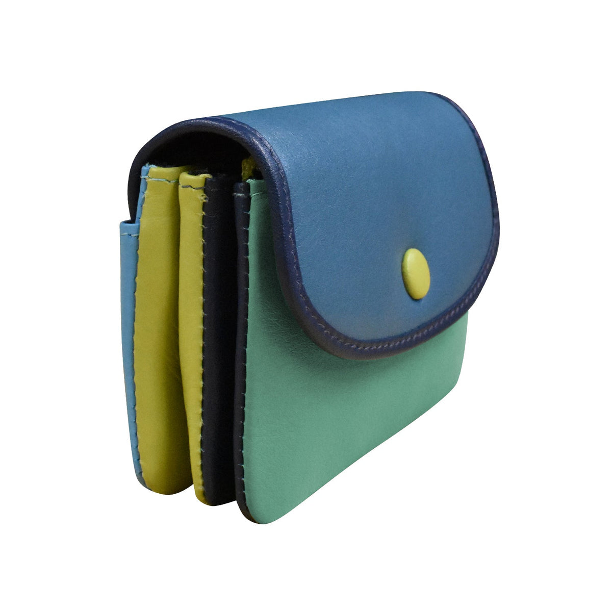 Multicolored leather wallet with a yellow button on a white background