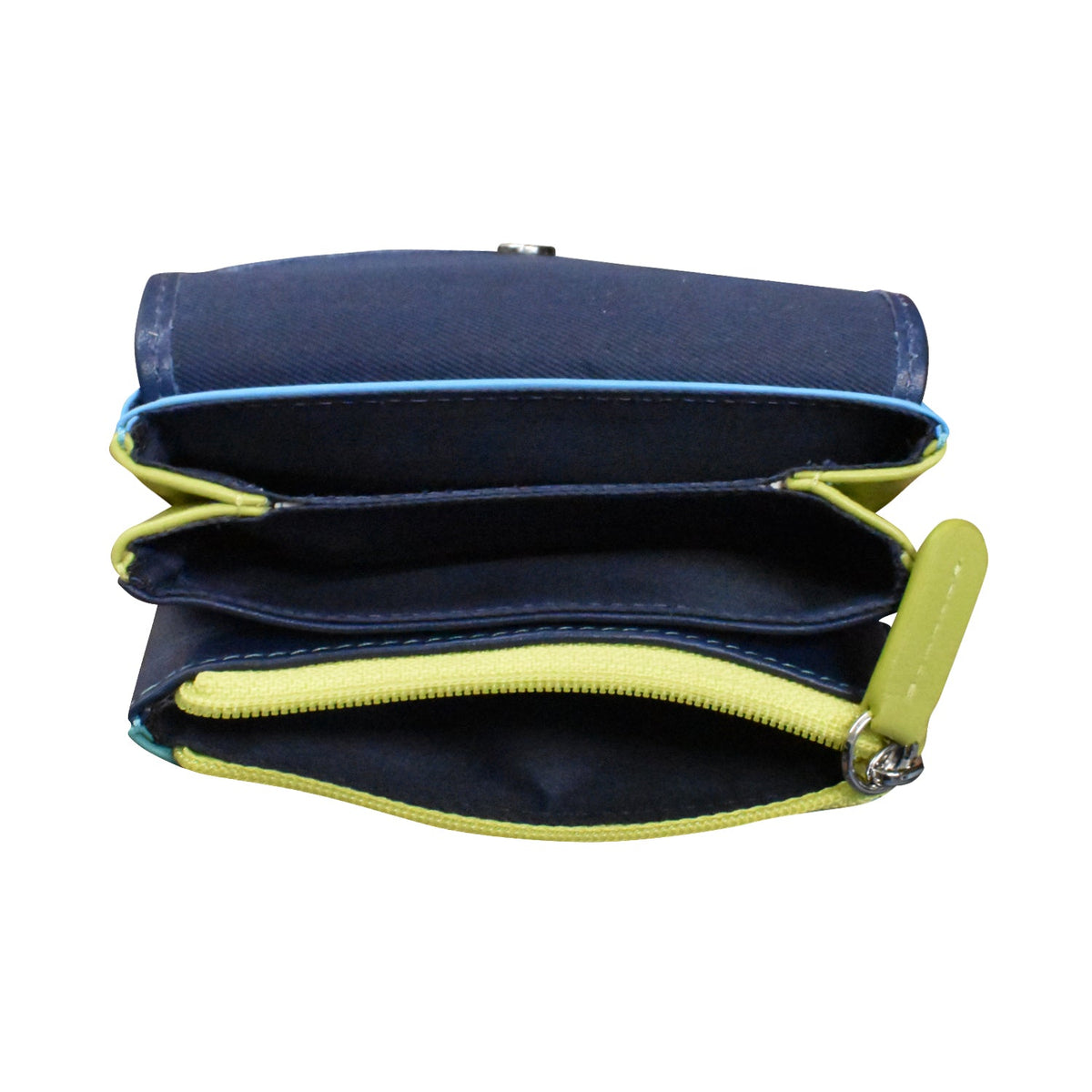 Navy blue pouch with green zipper on a white background