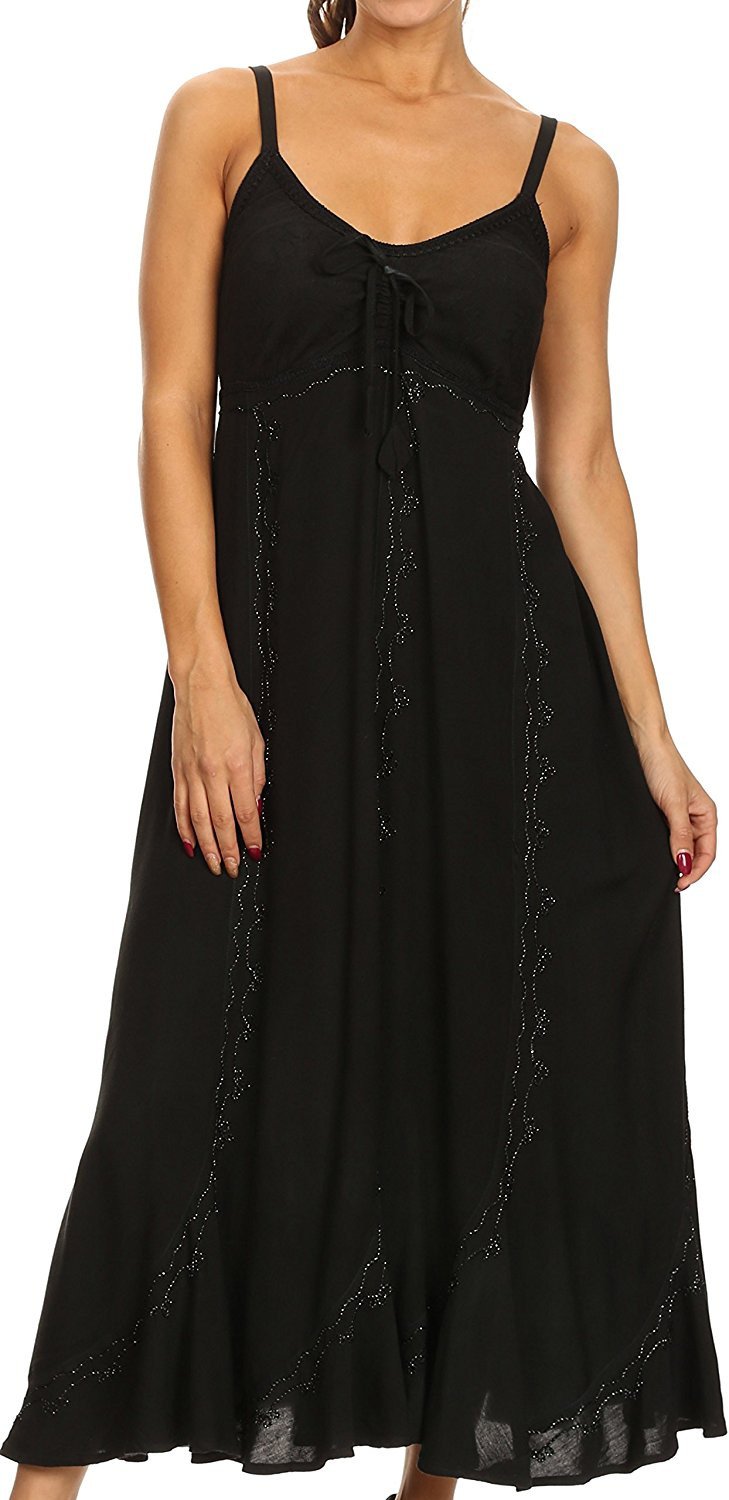 Black sleeveless dress with lace details on a white background
