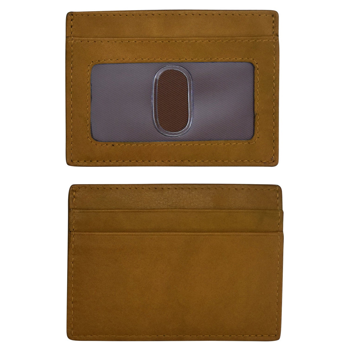 Brown leather cardholder with a clear window on a white background