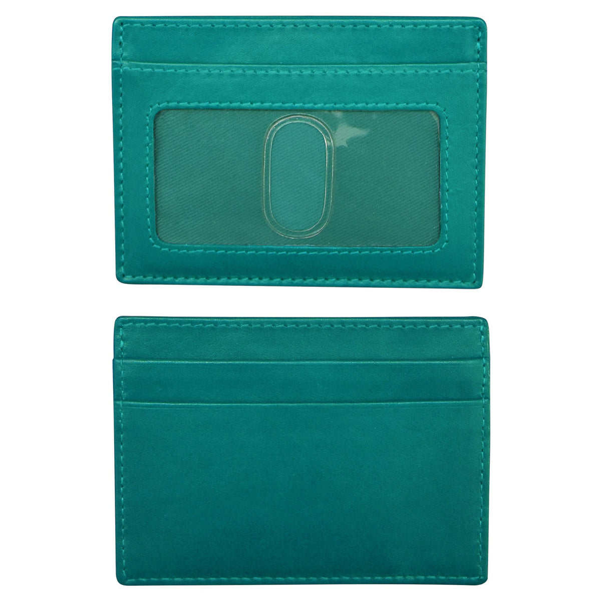 Teal cardholder with a clear window on a white background