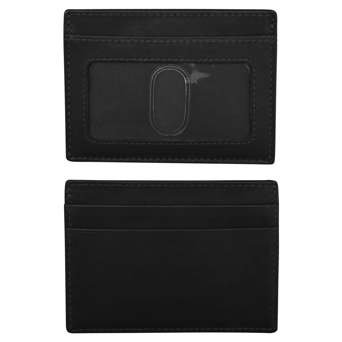 Black leather cardholder with a clear window on a white background