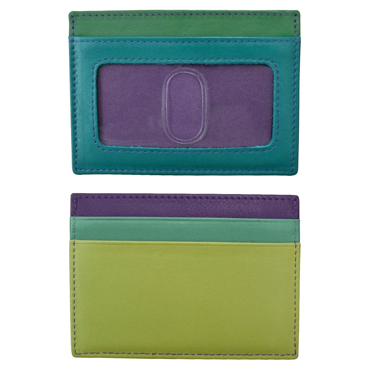 Two colorful card holders, one green and purple, the other purple and green, on a white background.