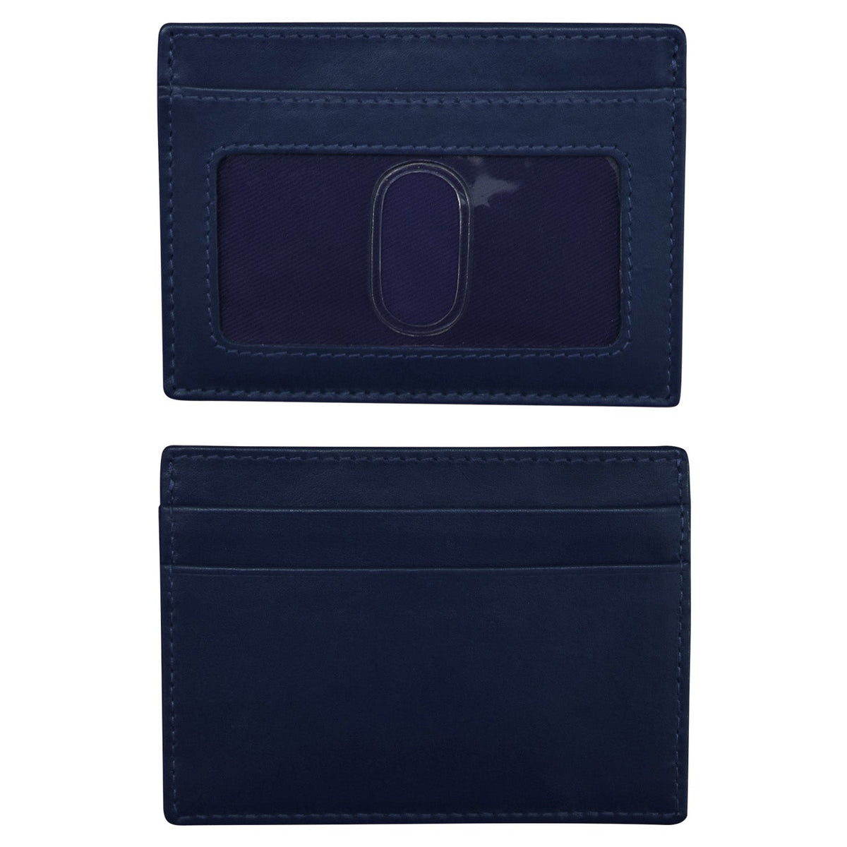 Navy blue cardholder with a clear window on a white background