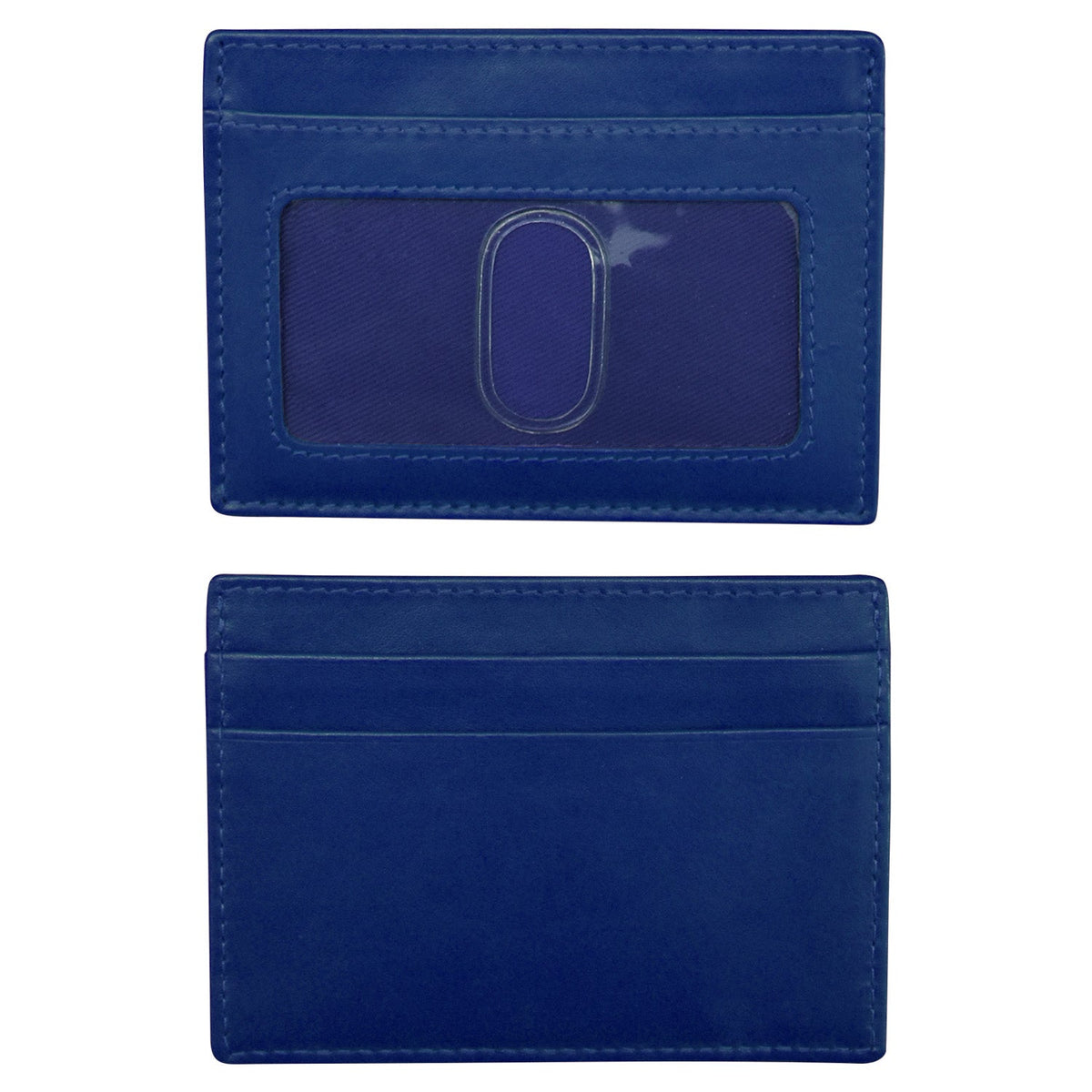Blue cardholder with a clear window on a white background
