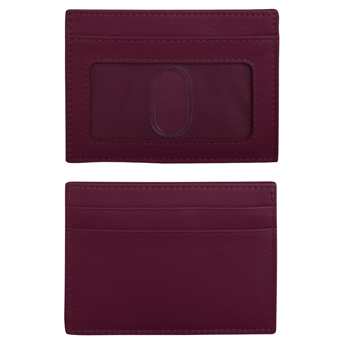 Maroon cardholder with a clear window on a white background