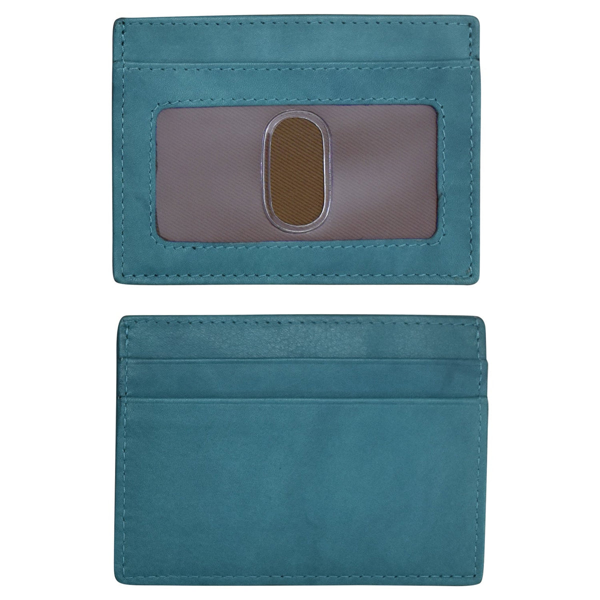 Teal cardholder with a brown window on a white background