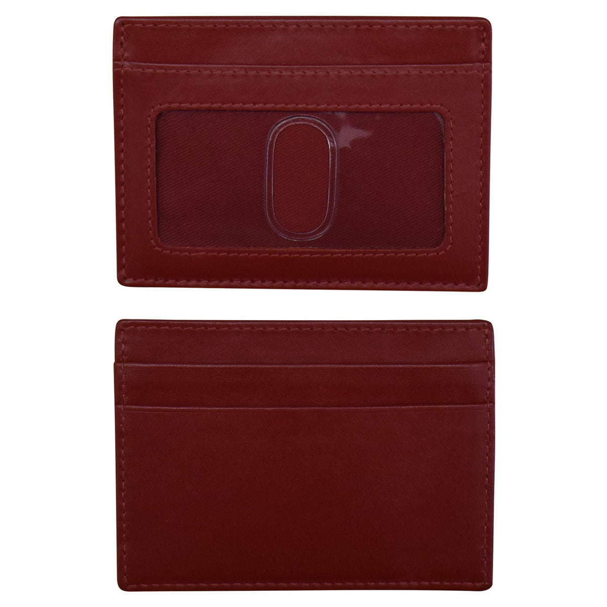 Red leather cardholder with a clear window on a white background