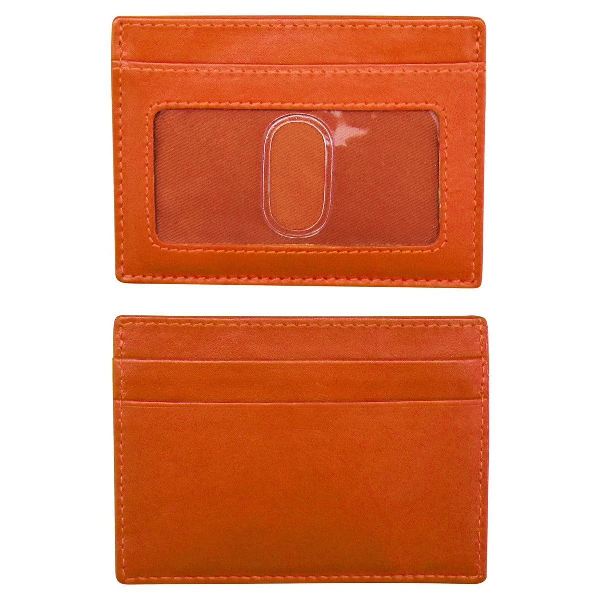 Orange leather cardholder with a clear window on a white background