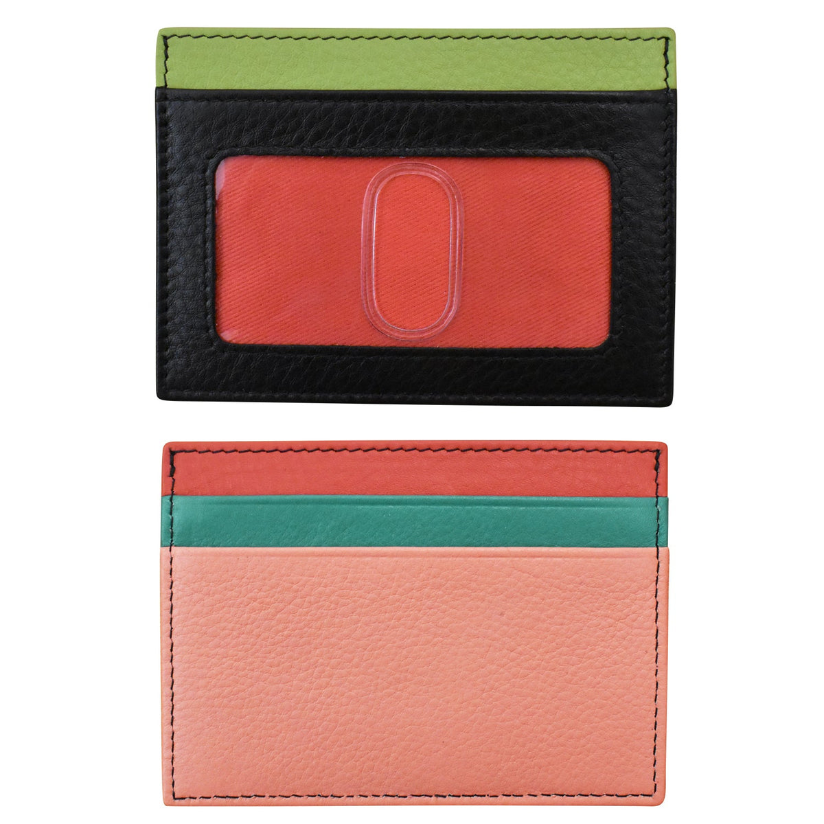 Two leather card holders with different color combinations on a white background