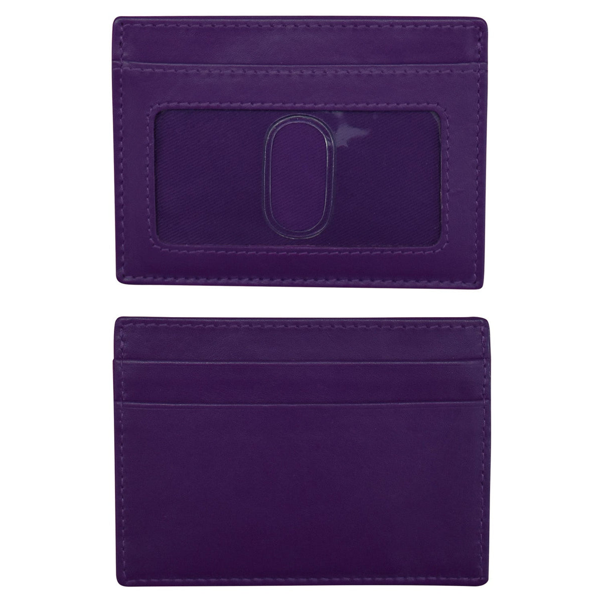 Purple cardholder with a clear window on a white background