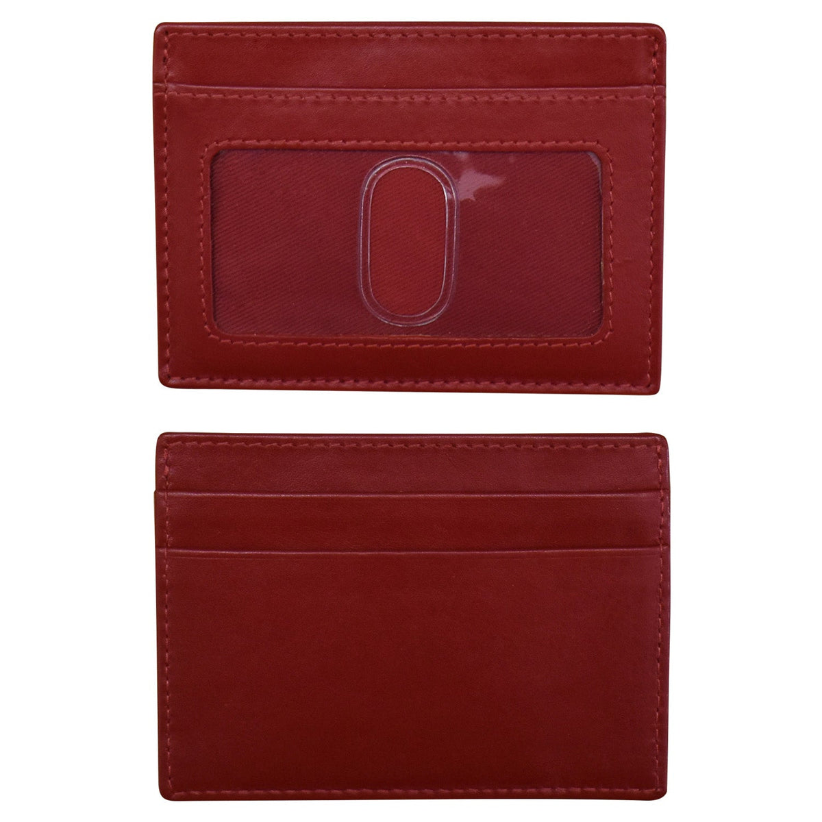 Red leather cardholder with a clear window on a white background