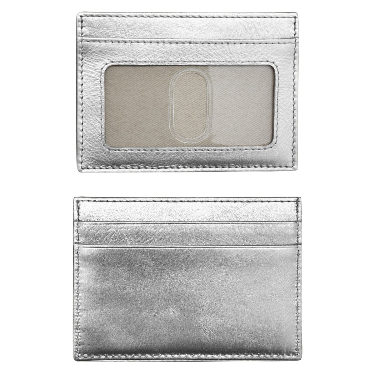 Silver leather cardholder with a windowed ID slot on a white background