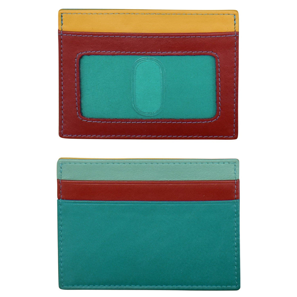 Two card holders with a red and yellow top section and teal bottom section on a white background.