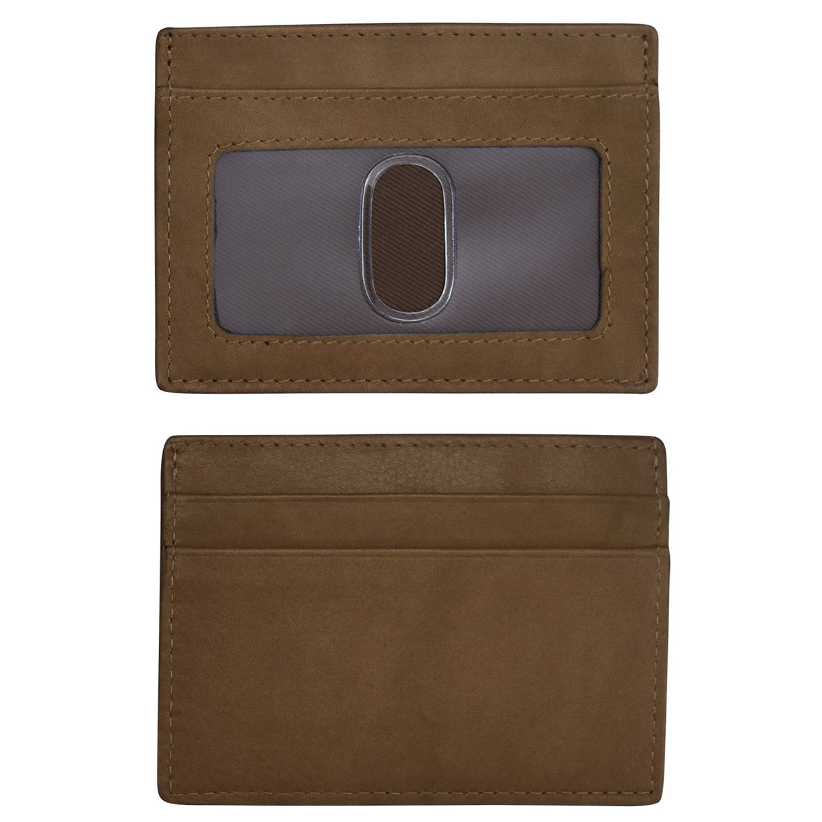 Brown leather cardholder with a windowed pocket on a white background