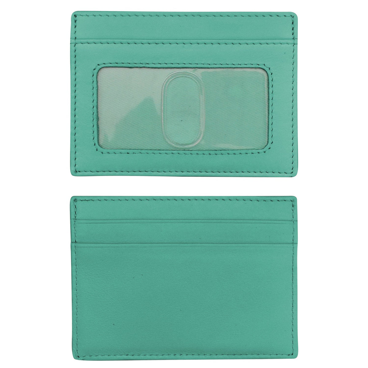 Teal cardholder with a clear window on a white background