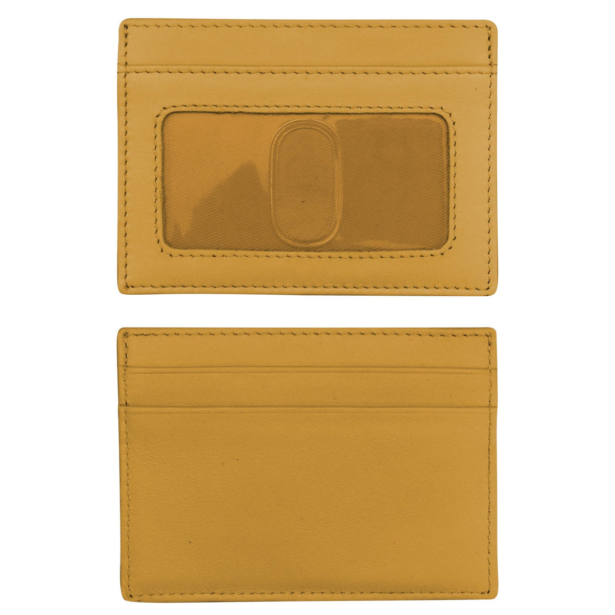 Yellow leather cardholder with a clear window on a white background