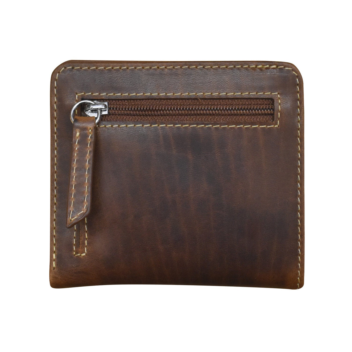 Brown leather wallet with a zipper on a white background