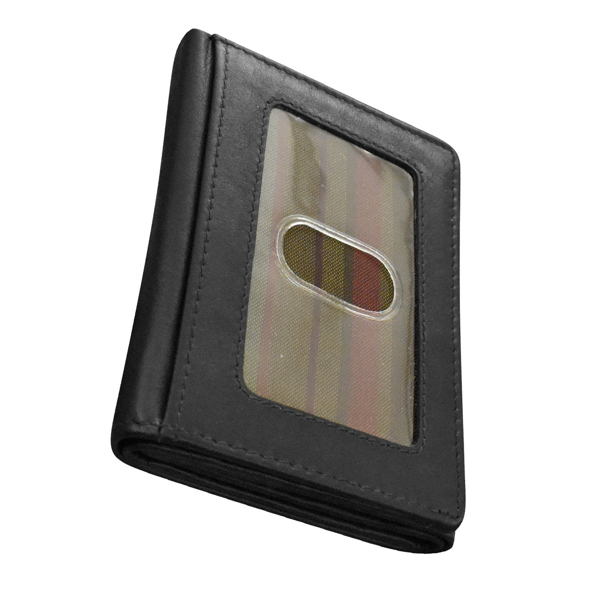 Black leather wallet with a reflective surface on a white background