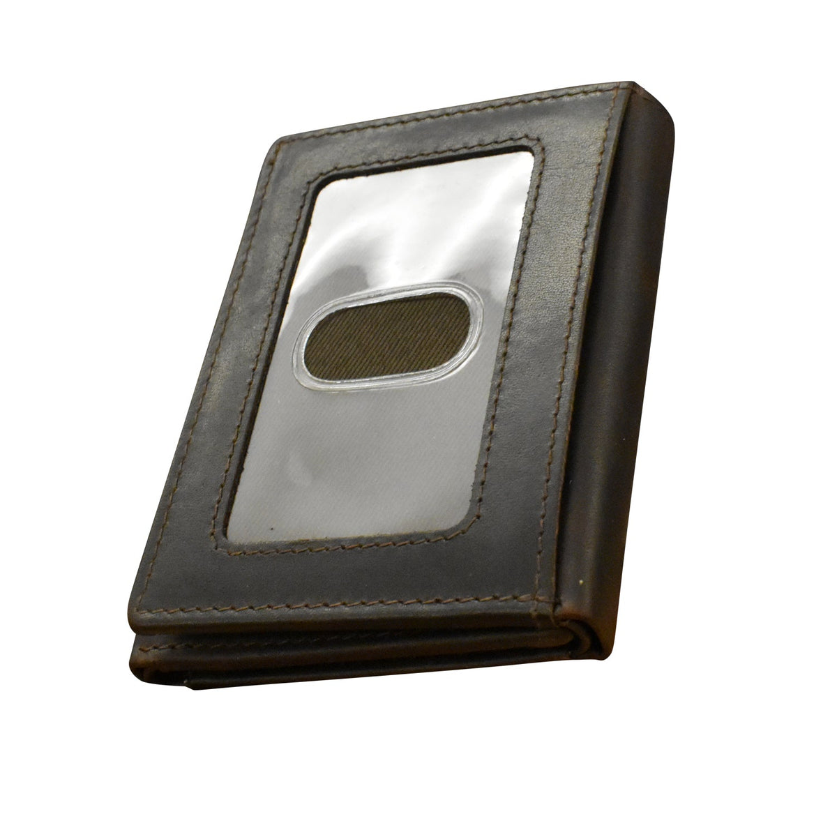 Brown leather cardholder with a clear plastic window on a white background