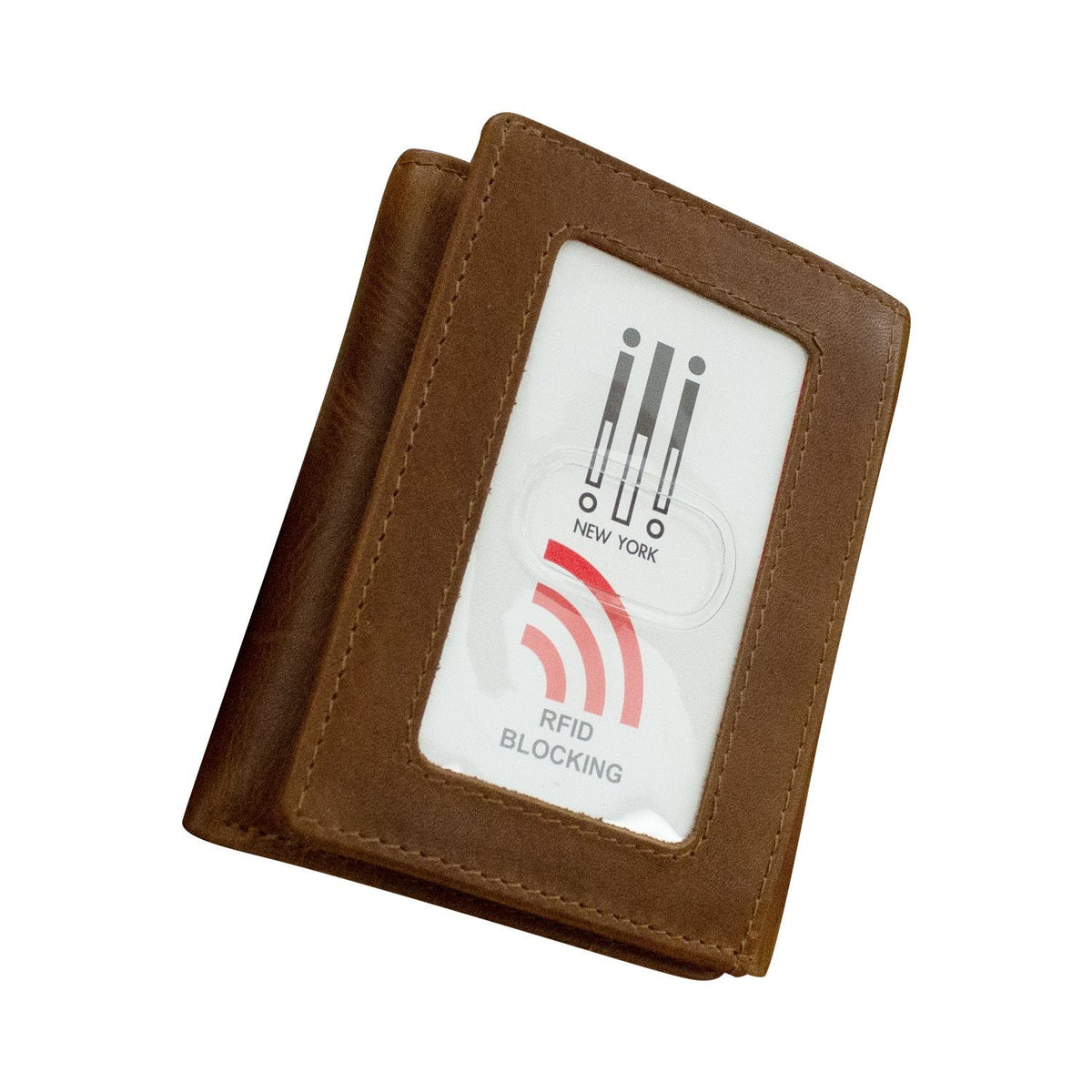 Brown leather wallet with RFID blocking label on a white background