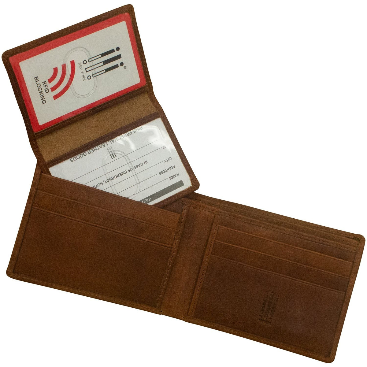 Brown leather wallet with card slots and a red card on a white background