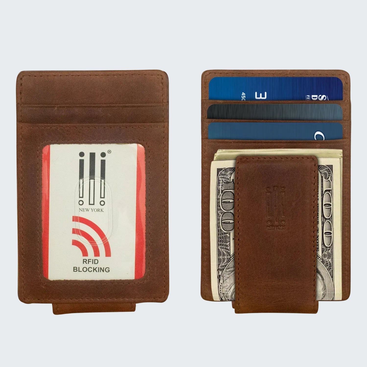 Brown leather wallet with card slots and money clip, featuring the 'ili' brand logo.