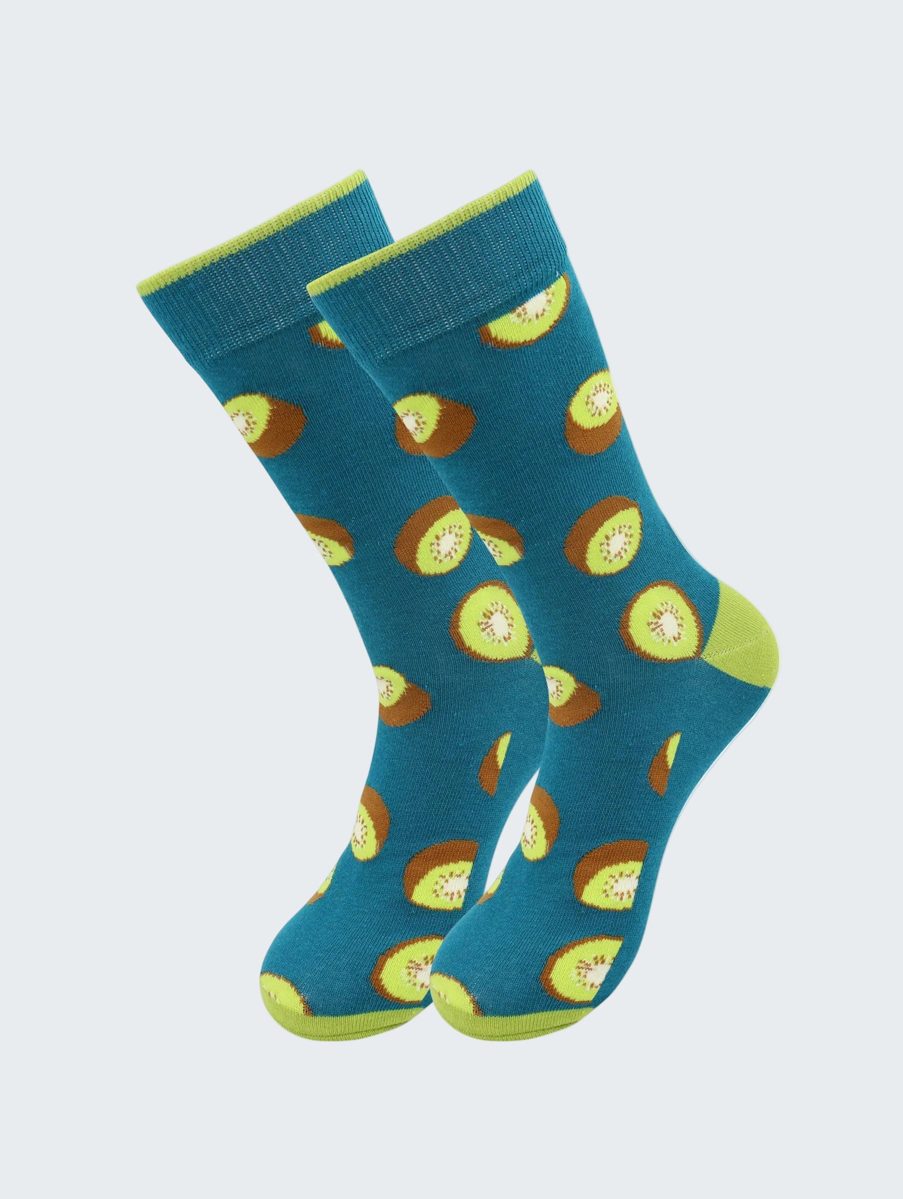 Teal socks with kiwi pattern on a white background