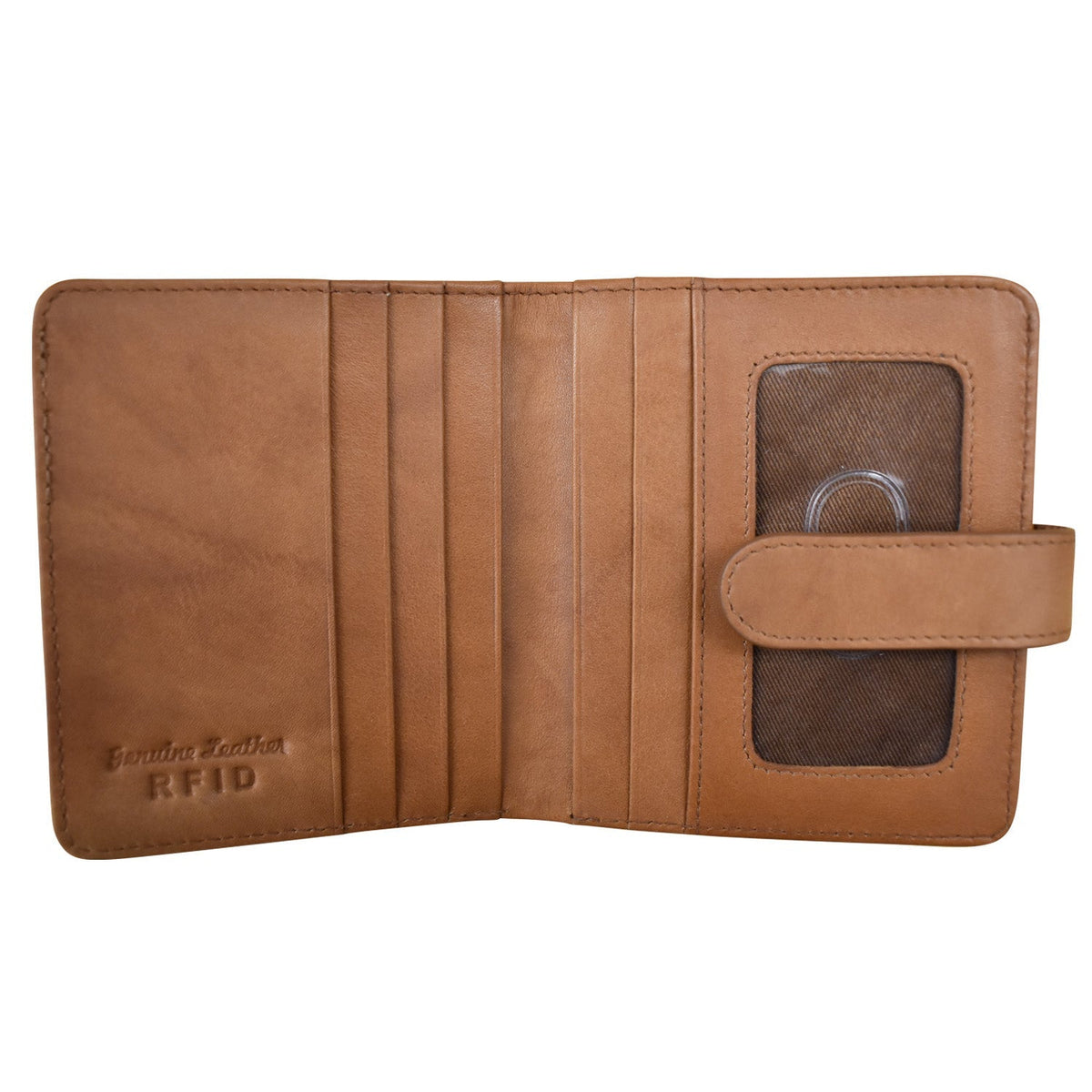Brown leather wallet with card slots and a pocket on a white background