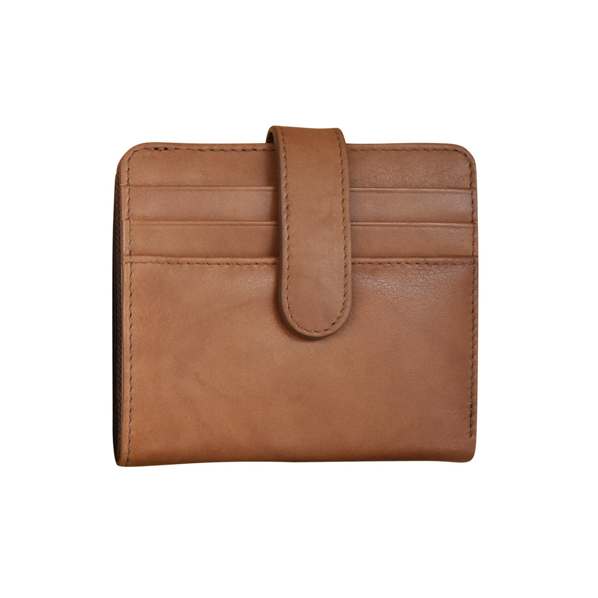 Brown leather wallet with a strap on a white background